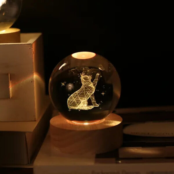 VEILLEUSE VERRE GRAVEE 3D "LE CHAT JOUEUR"