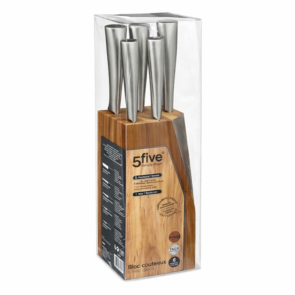 Bloc en acacia de cinq couteaux inox 136226 – Image 3